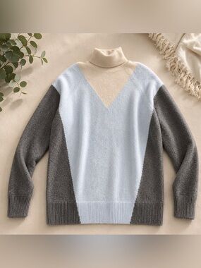 Express Colorblock Turtleneck Sweater in Gray, Cream, and Blue